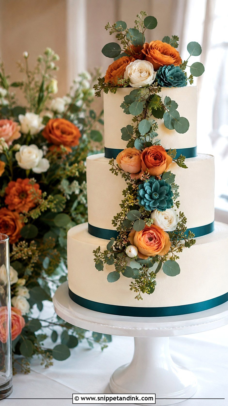Teal And Burnt Orange Floral Wedding Cake - Snippet and Ink - 25 Teal and Burnt Orange Wedding Cake Ideas
