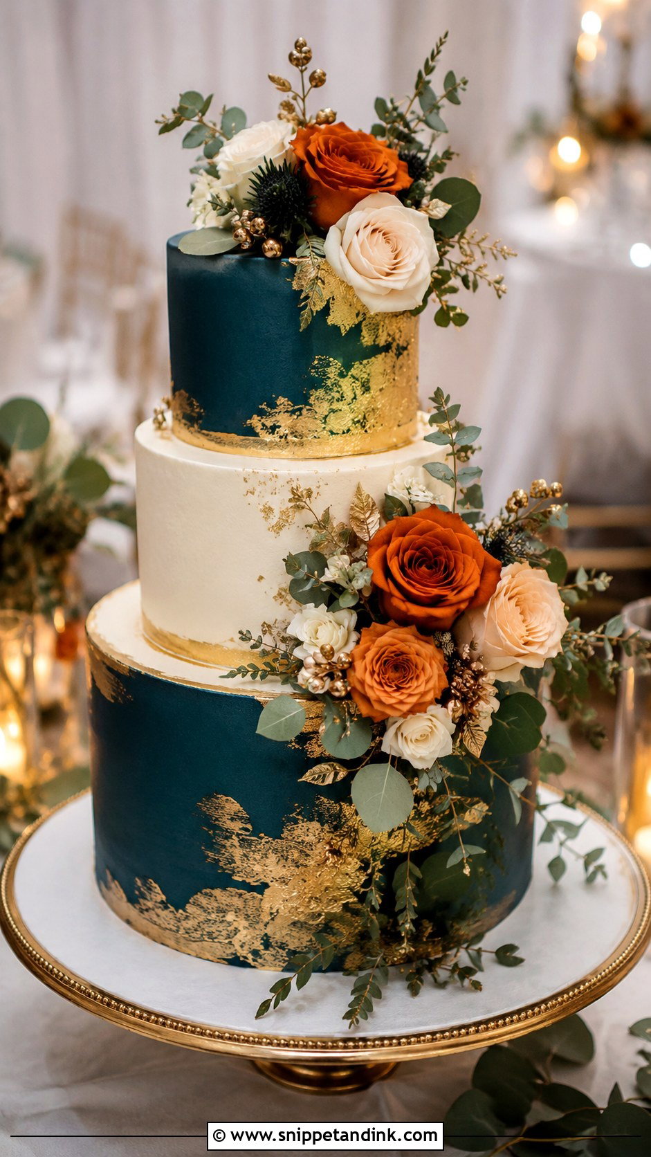 Teal And Burnt Orange Gold Wedding Cake - Snippet and Ink - 25 Teal and Burnt Orange Wedding Cake Ideas