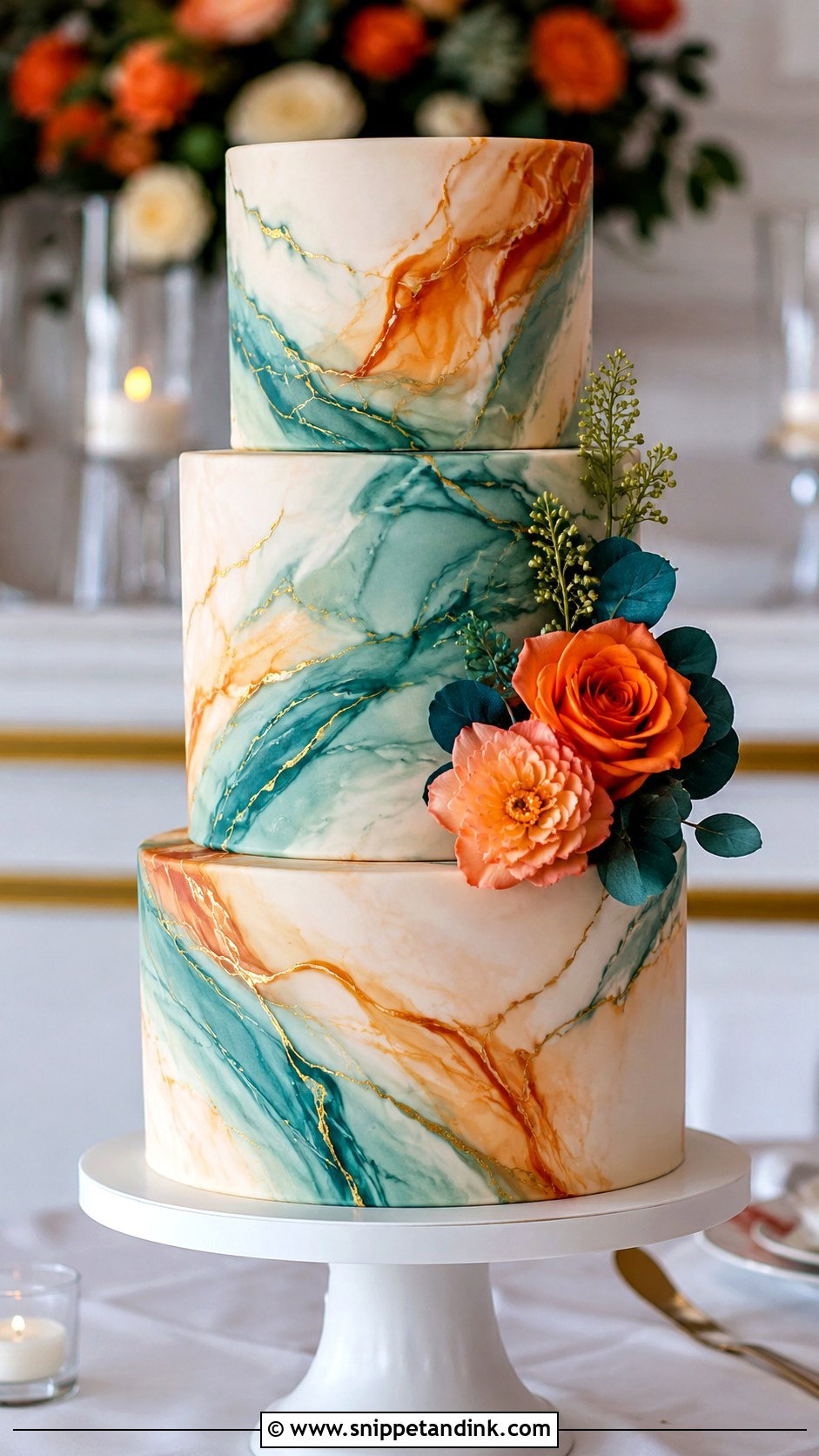 Teal And Burnt Orange Marble Wedding Cake - Snippet and Ink - 25 Teal and Burnt Orange Wedding Cake Ideas