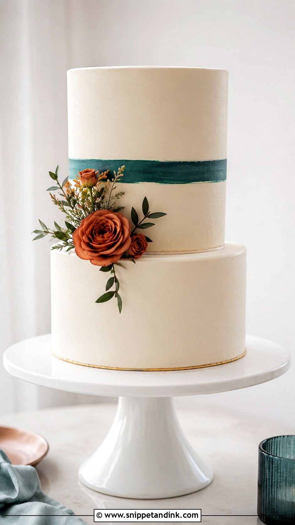 Teal And Burnt Orange Minimalist Wedding Cake - Snippet and Ink - 25 Teal and Burnt Orange Wedding Cake Ideas