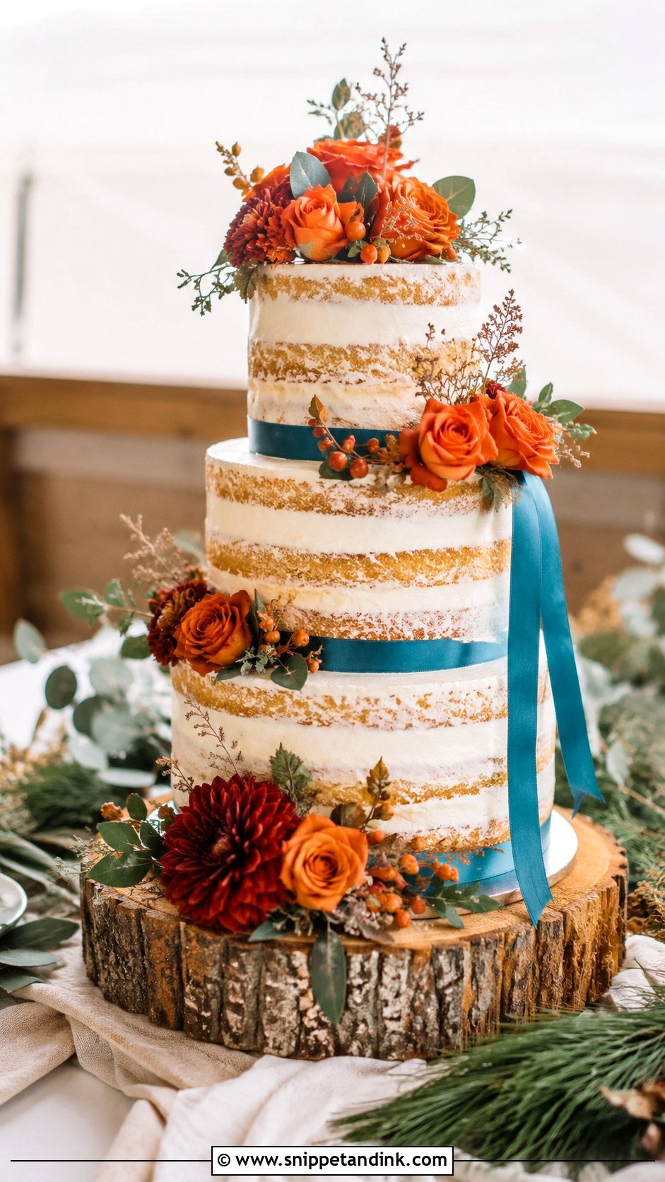 Teal And Burnt Orange Naked Wedding Cake - Snippet and Ink - 25 Teal and Burnt Orange Wedding Cake Ideas