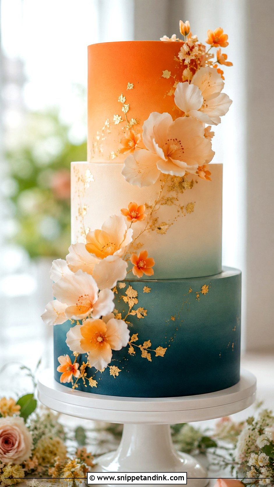 Teal And Burnt Orange Ombre Wedding Cake - Snippet and Ink - 25 Teal and Burnt Orange Wedding Cake Ideas