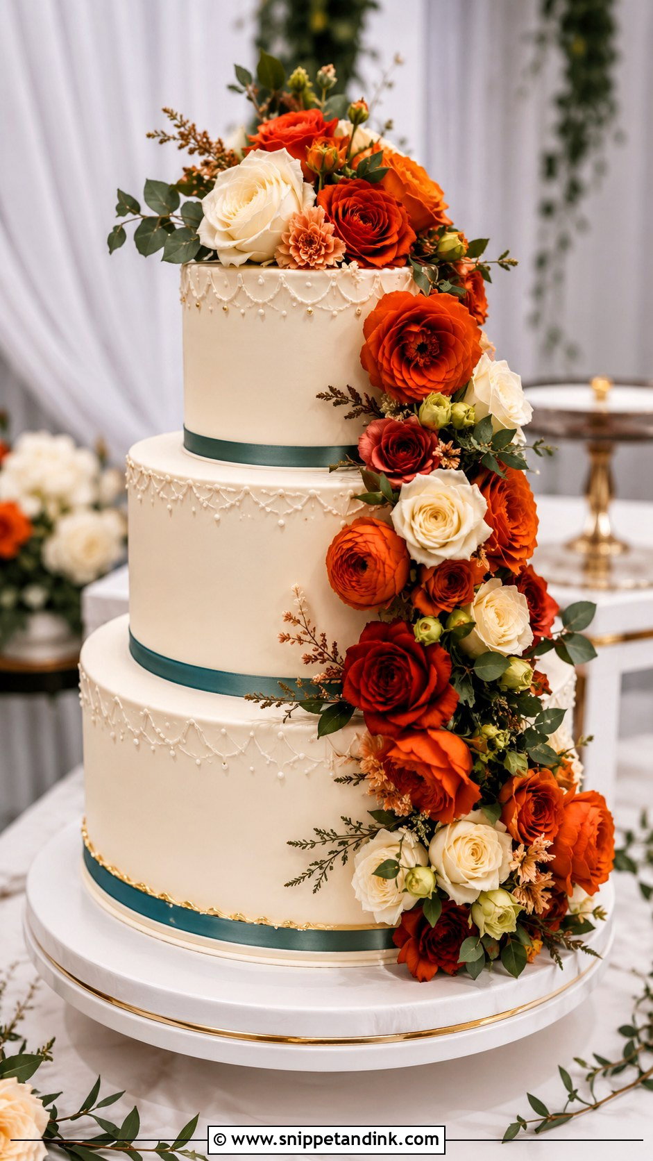 Teal And Burnt Orange Round Wedding Cake - Snippet and Ink - 25 Teal and Burnt Orange Wedding Cake Ideas