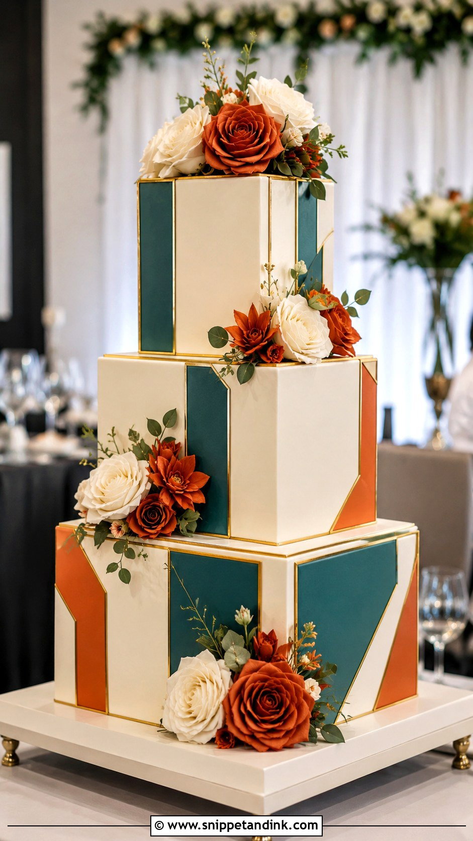 Teal And Burnt Orange Square Wedding Cake - Snippet and Ink - 25 Teal and Burnt Orange Wedding Cake Ideas