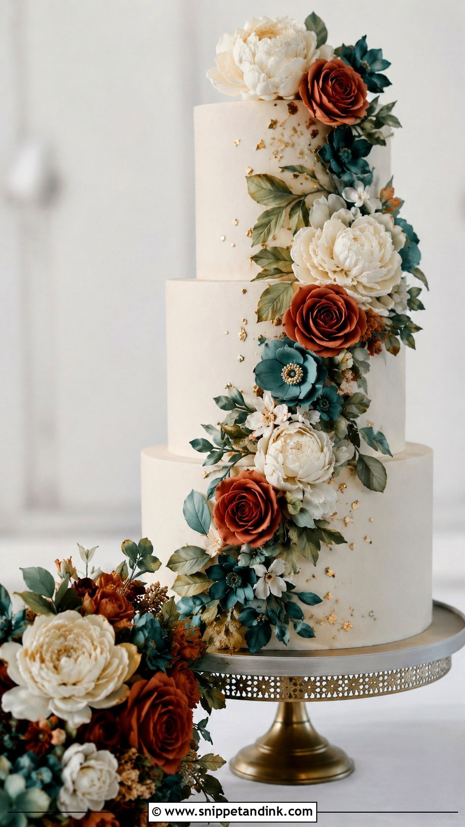 Teal And Burnt Orange Sugar Flower Wedding Cake - Snippet and Ink - 25 Teal and Burnt Orange Wedding Cake Ideas