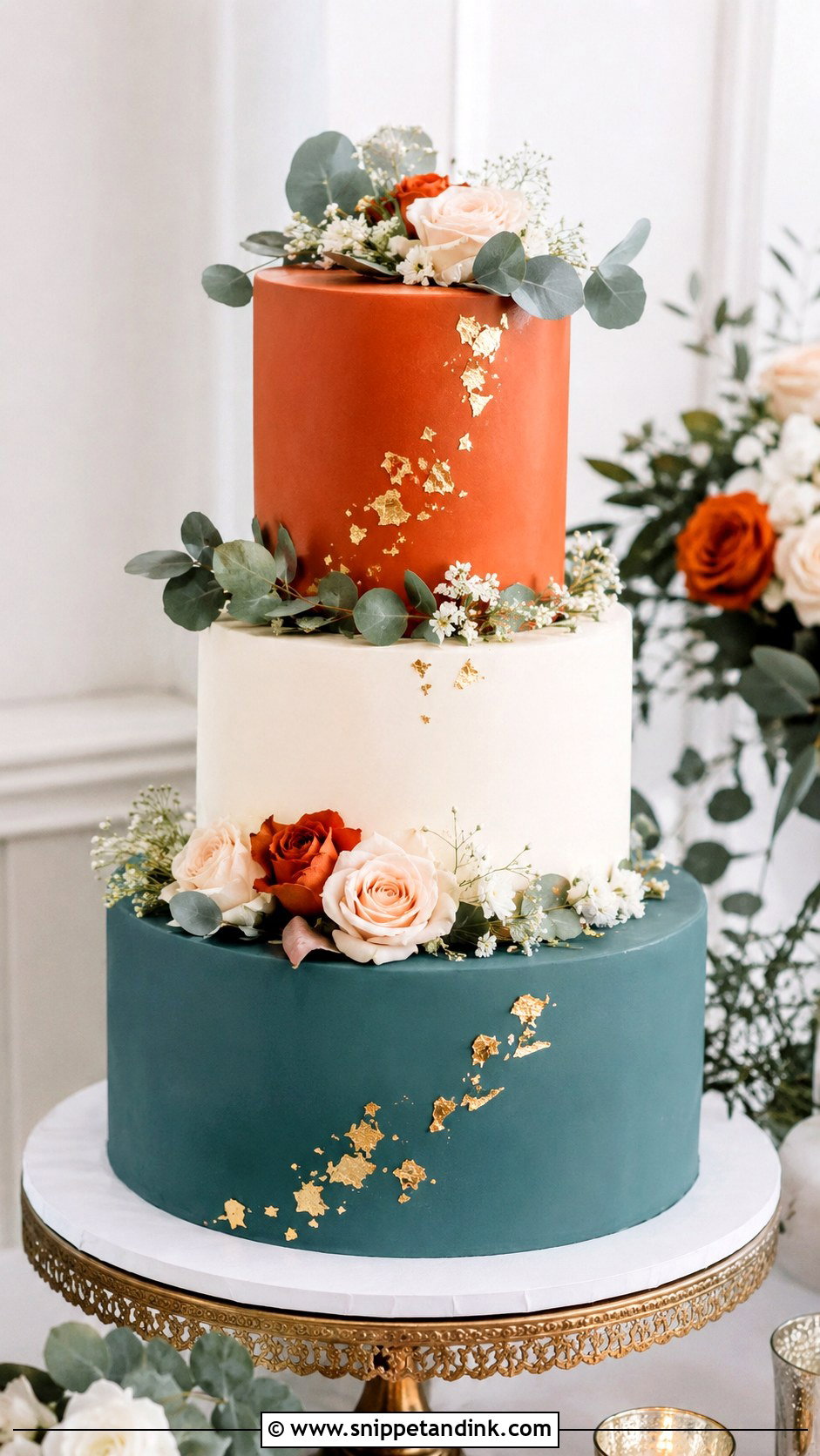 Teal And Burnt Orange Three Tier Wedding Cake - Snippet and Ink - 25 Teal and Burnt Orange Wedding Cake Ideas
