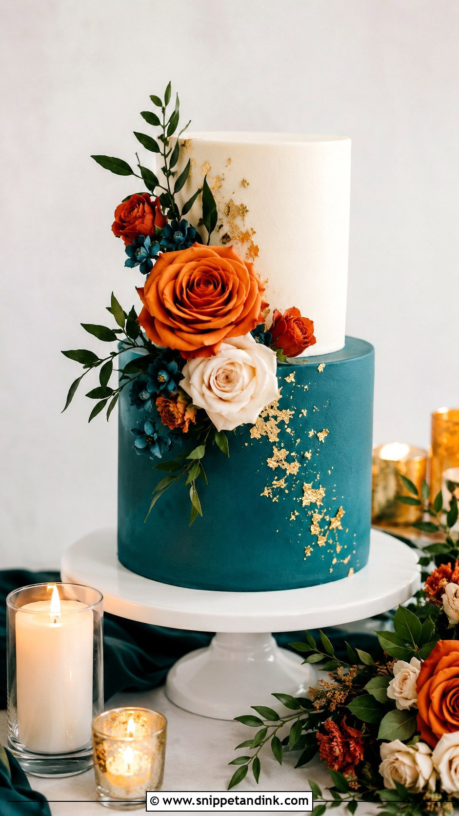 Teal And Burnt Orange Two Tier Wedding Cake - Snippet and Ink - 25 Teal and Burnt Orange Wedding Cake Ideas