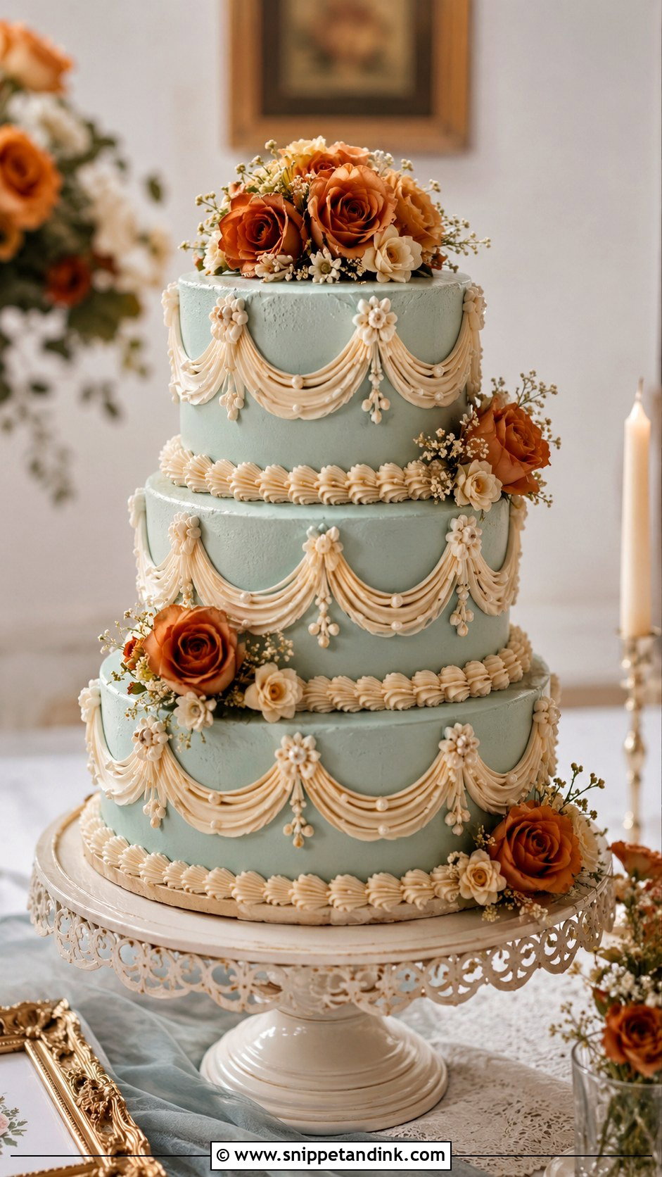 Teal And Burnt Orange Vintage Wedding Cake - Snippet and Ink - 25 Teal and Burnt Orange Wedding Cake Ideas