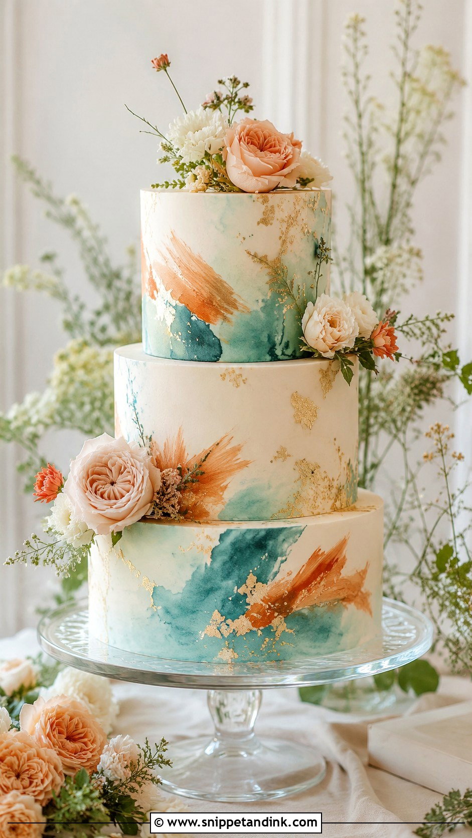 Teal And Burnt Orange Watercolor Wedding Cake - Snippet and Ink - 25 Teal and Burnt Orange Wedding Cake Ideas