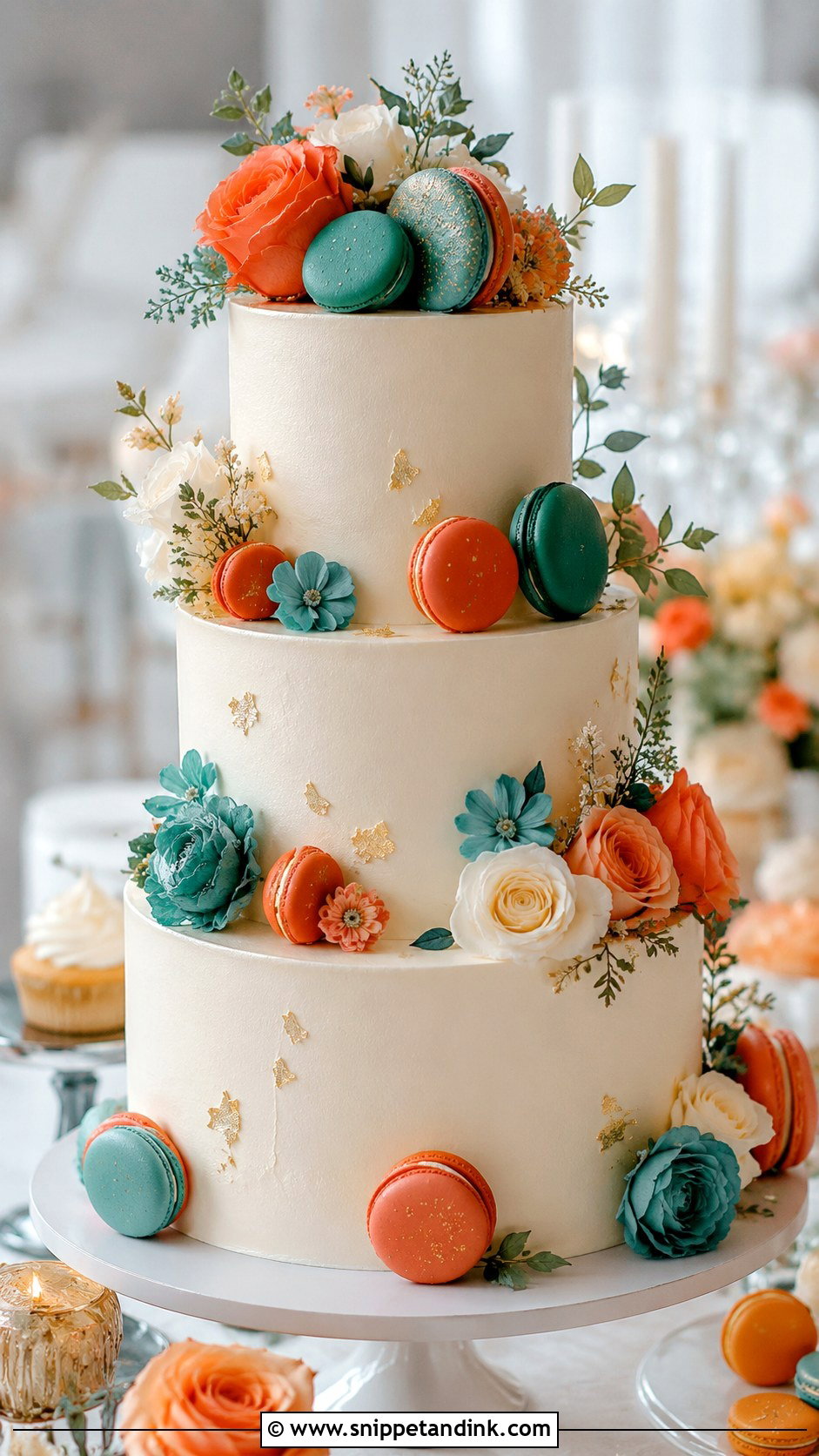 Teal And Burnt Orange Wedding Cake With Macarons - Snippet and Ink - 25 Teal and Burnt Orange Wedding Cake Ideas