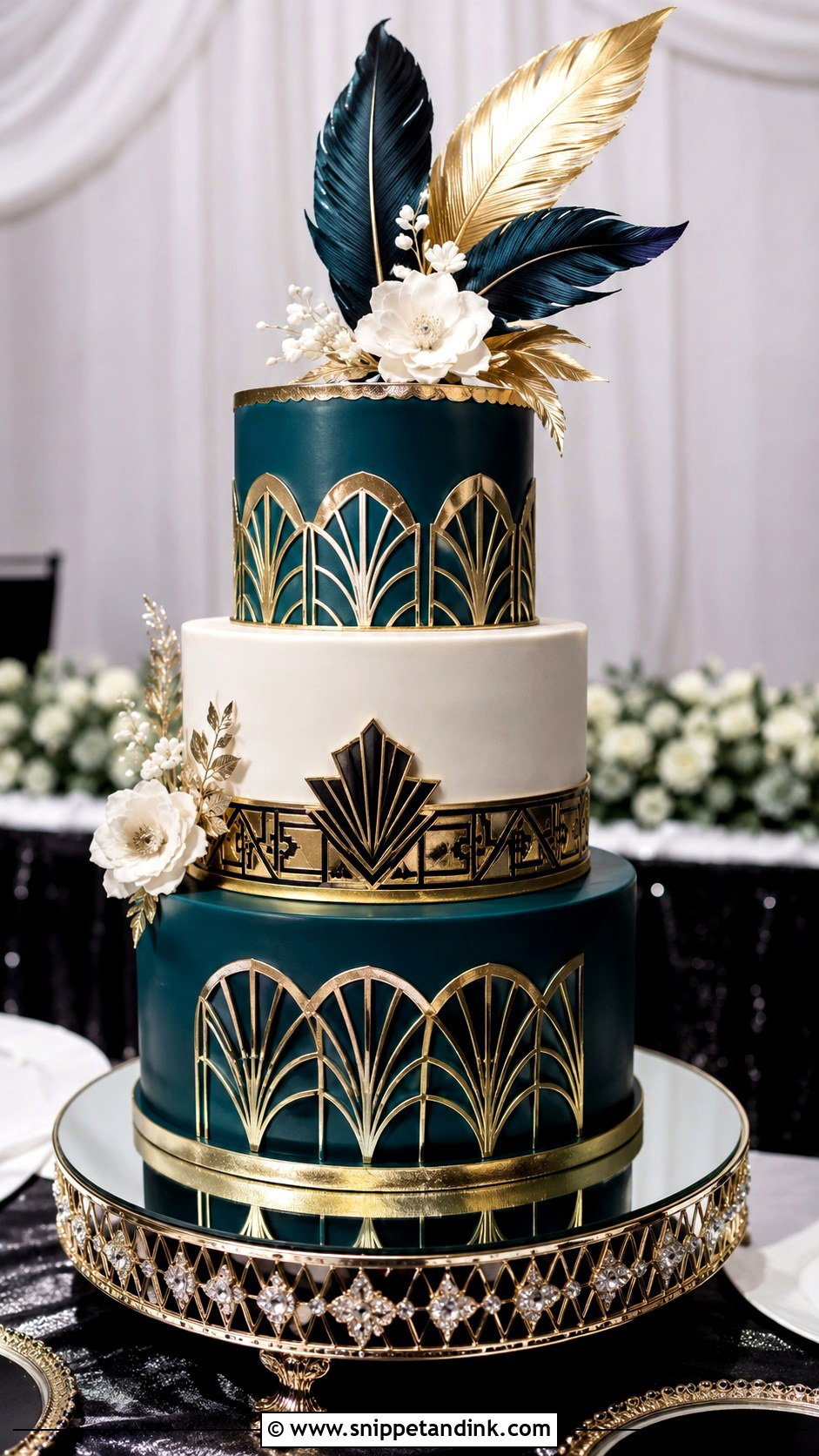 Teal And Gold Art Deco Wedding Cake - Snippet and Ink - 25 Teal and Gold Wedding Cake Ideas