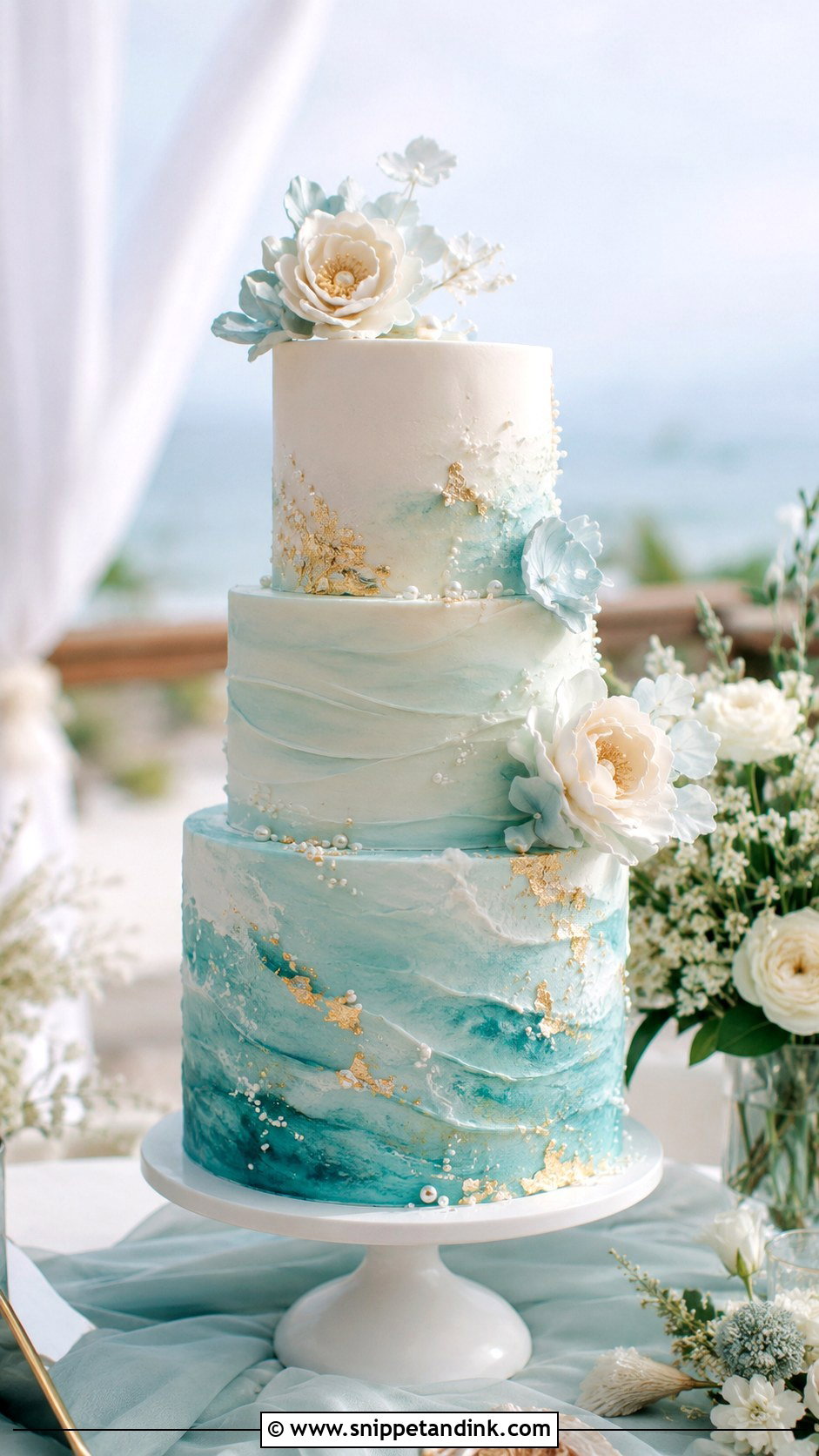 Teal And Gold Beach Wedding Cake - Snippet and Ink - 25 Teal and Gold Wedding Cake Ideas