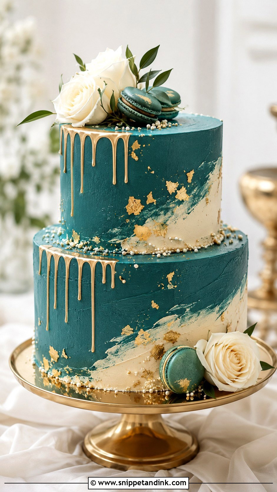 Teal And Gold Buttercream Wedding Cake - Snippet and Ink - 25 Teal and Gold Wedding Cake Ideas