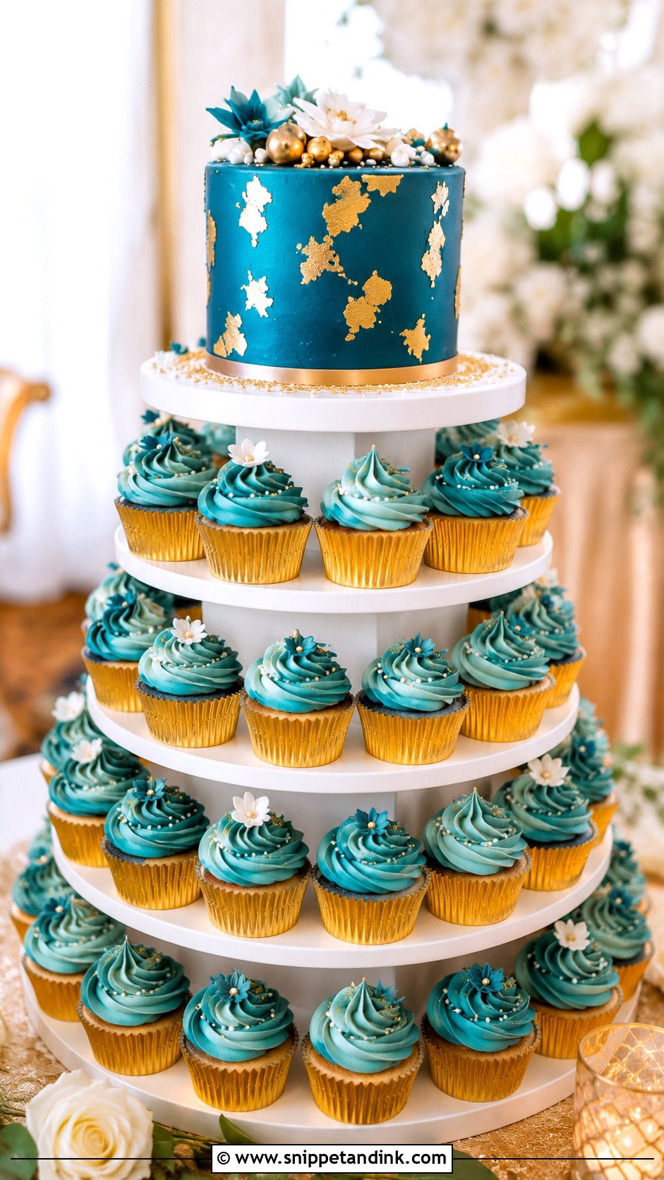 Teal And Gold Cupcake Wedding Cake - Snippet and Ink - 25 Teal and Gold Wedding Cake Ideas