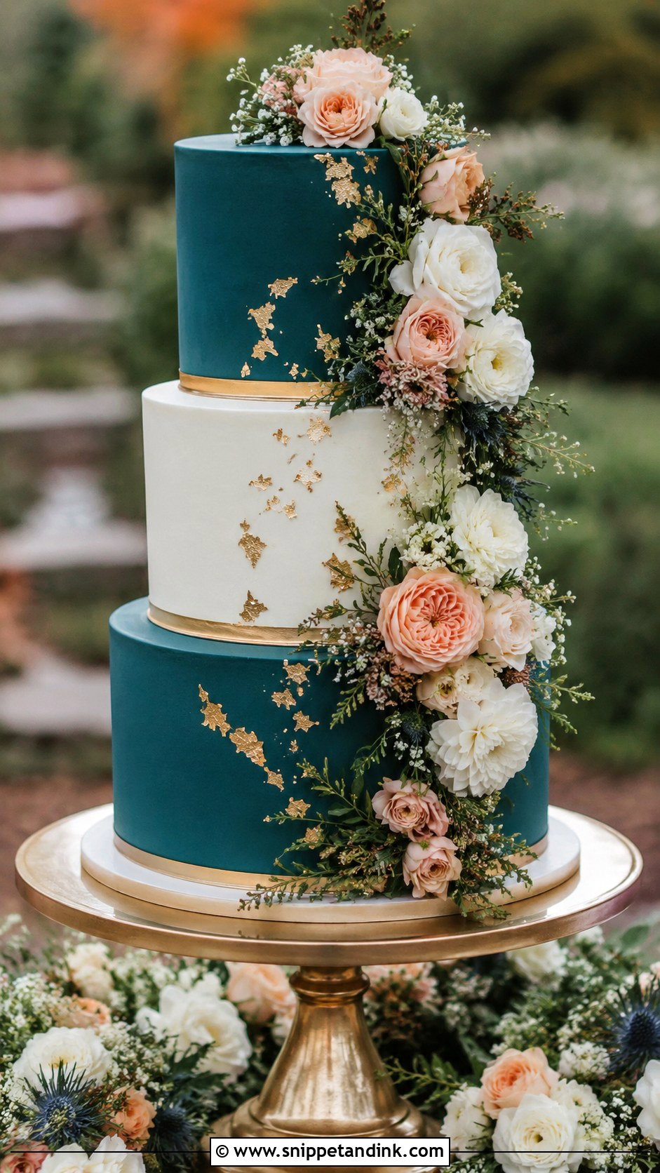 Teal And Gold Floral Wedding Cake - Snippet and Ink - 25 Teal and Gold Wedding Cake Ideas