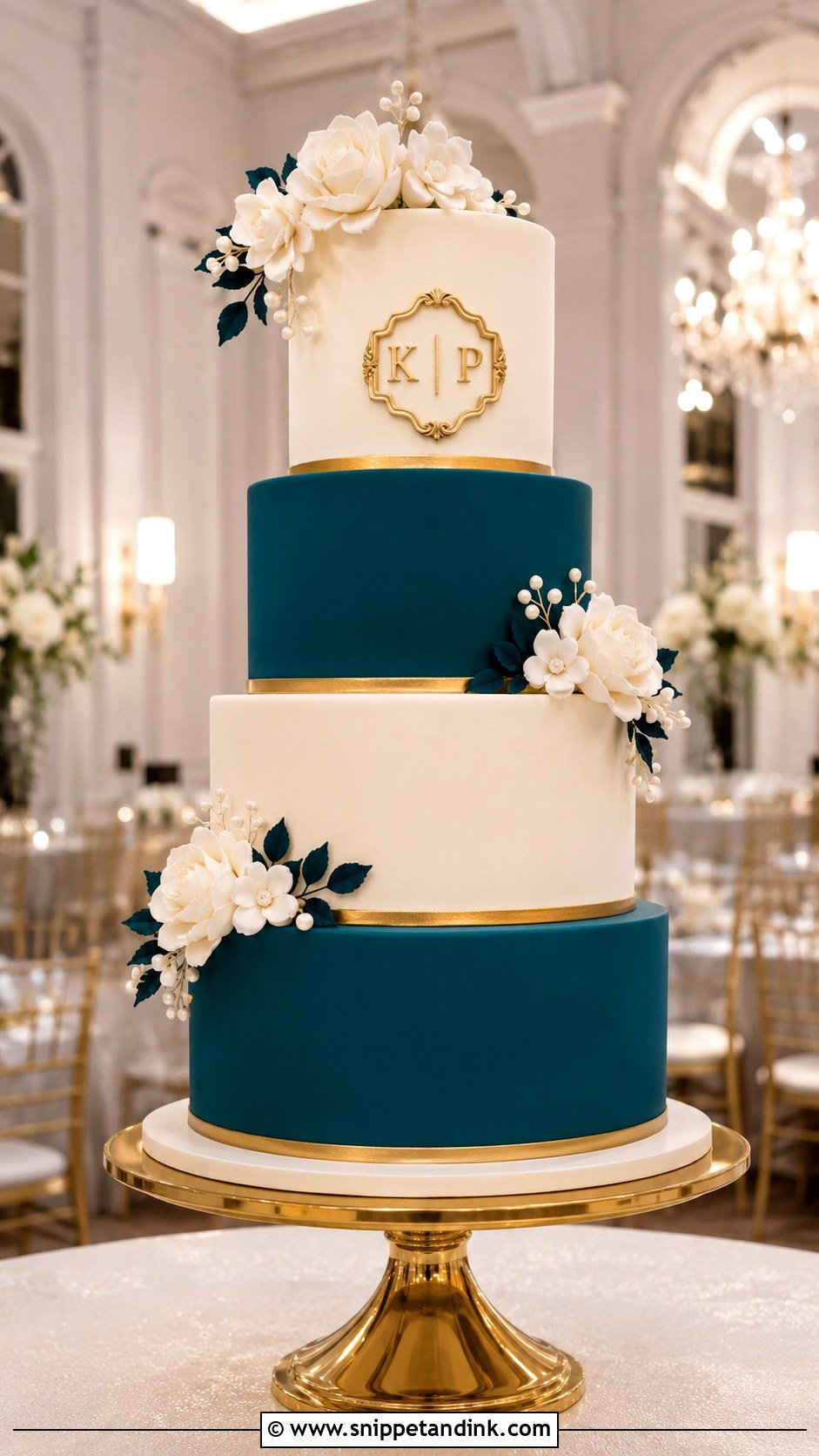 Teal And Gold Fondant Wedding Cake - Snippet and Ink - 25 Teal and Gold Wedding Cake Ideas