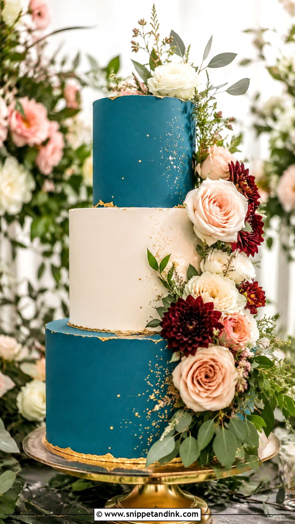 Teal And Gold Garden Wedding Cake - Snippet and Ink - 25 Teal and Gold Wedding Cake Ideas