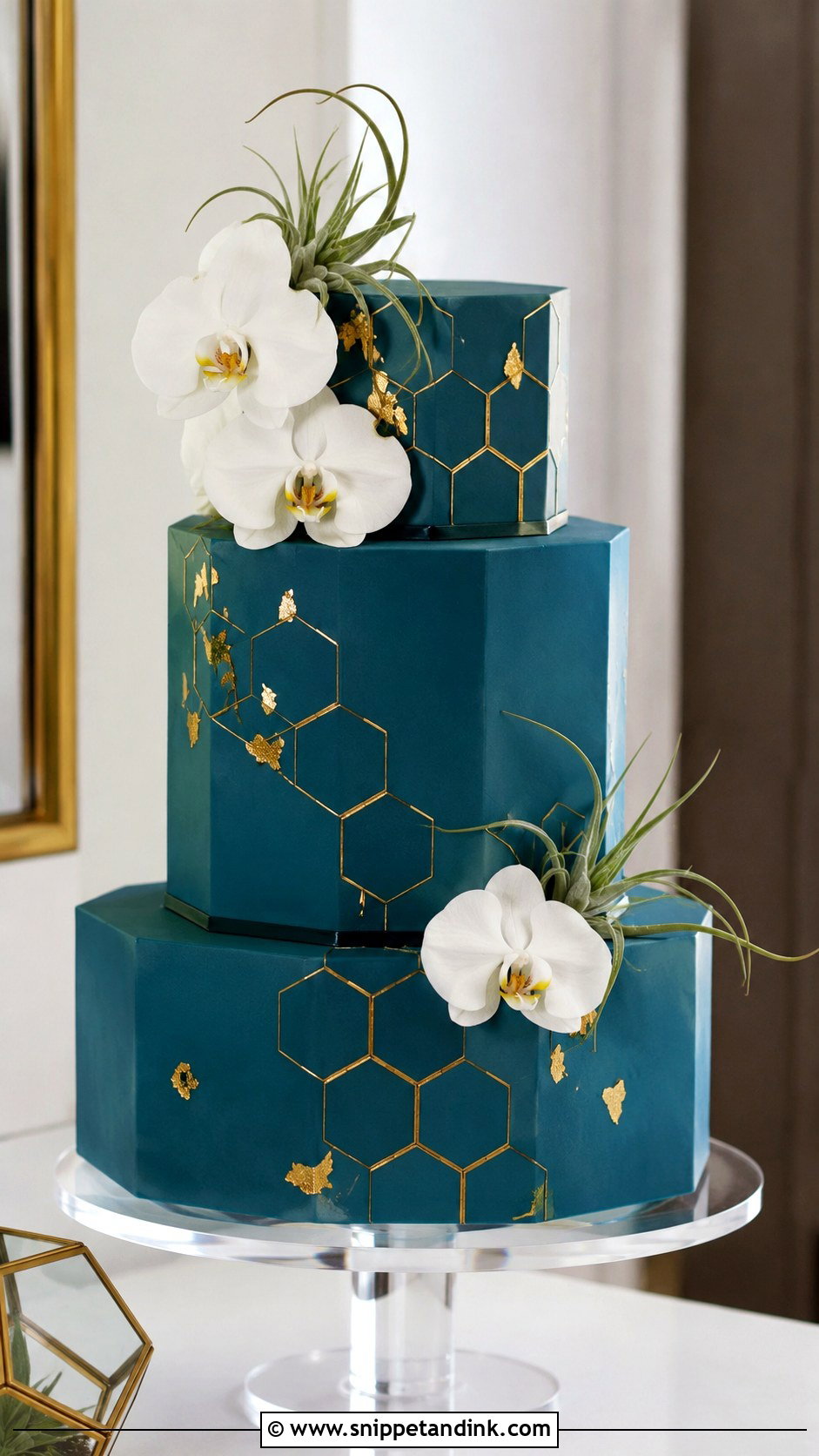Teal And Gold Hexagon Wedding Cake - Snippet and Ink - 25 Teal and Gold Wedding Cake Ideas