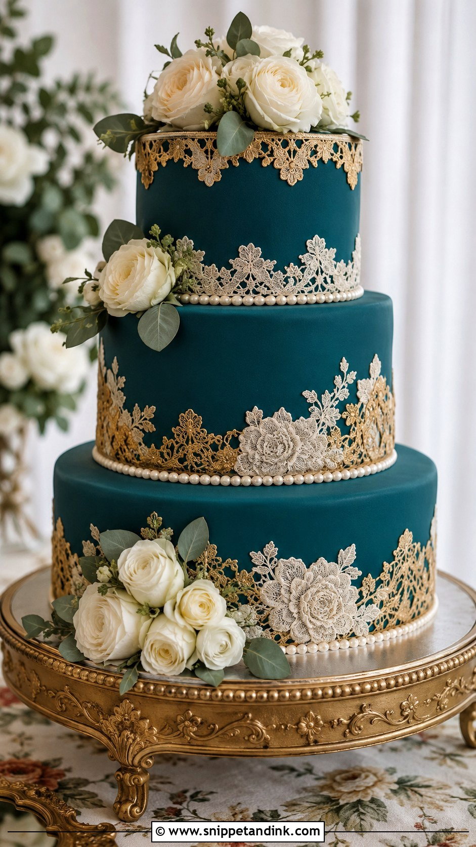 Teal And Gold Lace Wedding Cake - Snippet and Ink - 25 Teal and Gold Wedding Cake Ideas