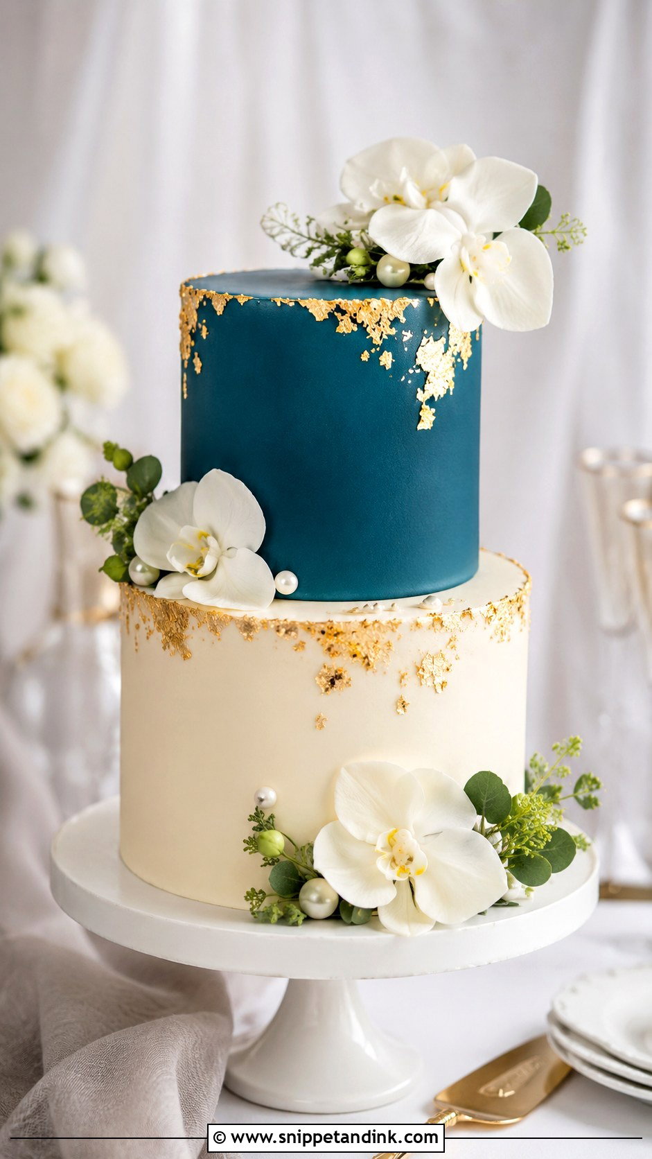 Teal And Gold Leaf Wedding Cake - Snippet and Ink - 25 Teal and Gold Wedding Cake Ideas