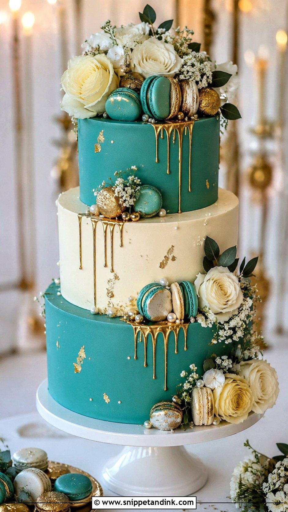 Teal And Gold Macaron Wedding Cake - Snippet and Ink - 25 Teal and Gold Wedding Cake Ideas