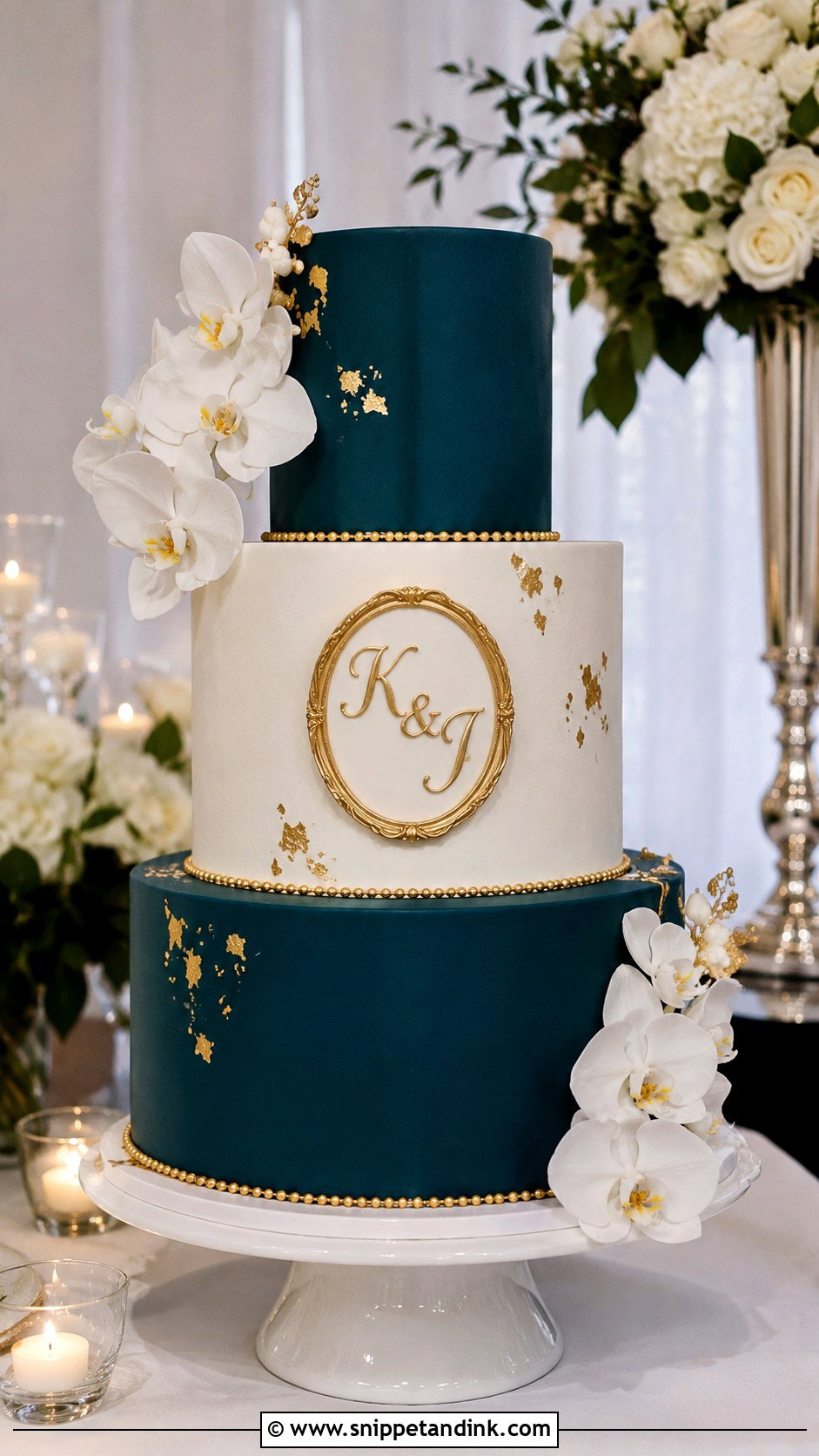 Teal And Gold Monogram Wedding Cake - Snippet and Ink - 25 Teal and Gold Wedding Cake Ideas