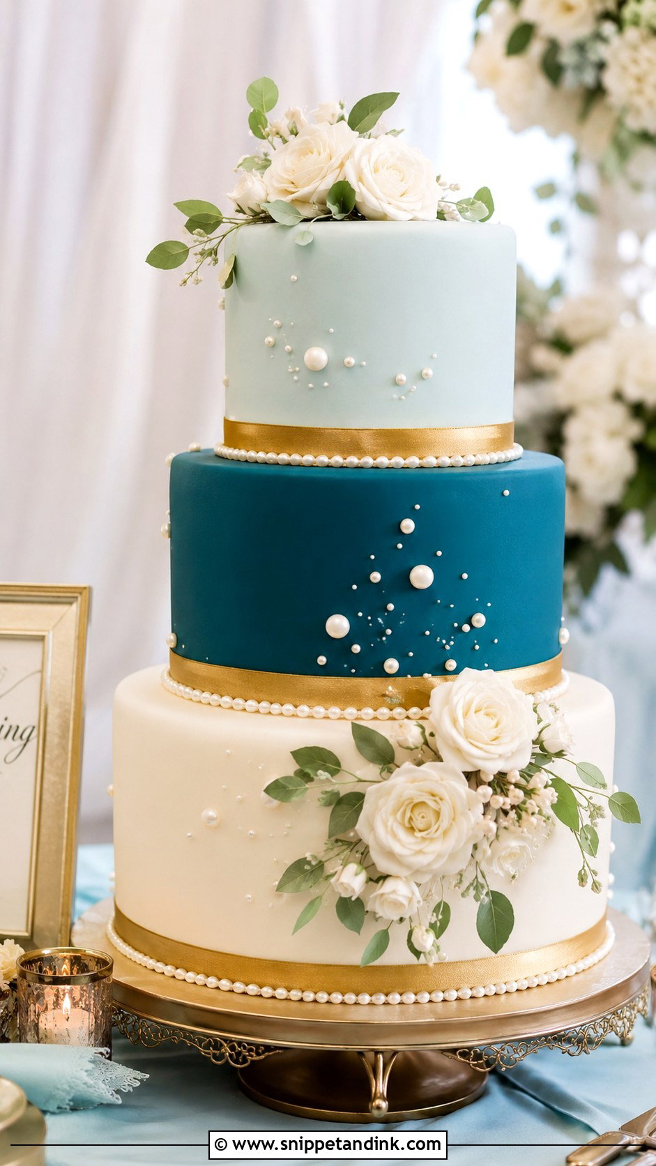Teal And Gold Pearl Wedding Cake - Snippet and Ink - 25 Teal and Gold Wedding Cake Ideas