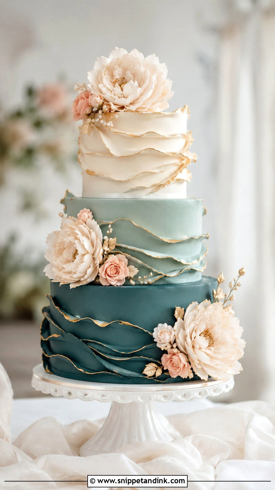 Teal And Gold Ruffle Wedding Cake - Snippet and Ink - 25 Teal and Gold Wedding Cake Ideas