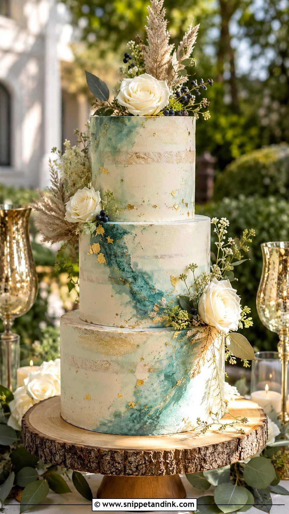 Teal And Gold Rustic Wedding Cake - Snippet and Ink - 25 Teal and Gold Wedding Cake Ideas