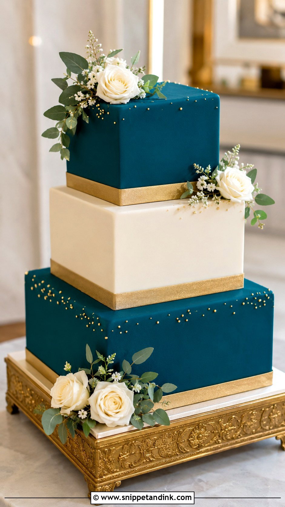 Teal And Gold Square Wedding Cake - Snippet and Ink - 25 Teal and Gold Wedding Cake Ideas