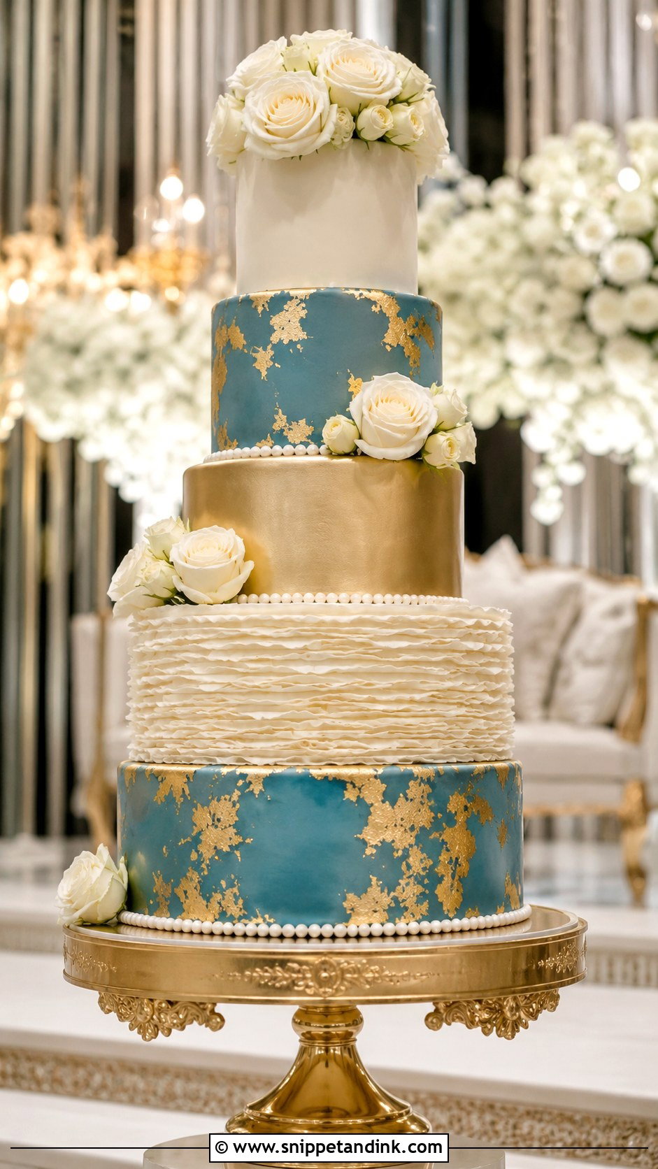 Teal And Gold Tall Tier Wedding Cake - Snippet and Ink - 25 Teal and Gold Wedding Cake Ideas