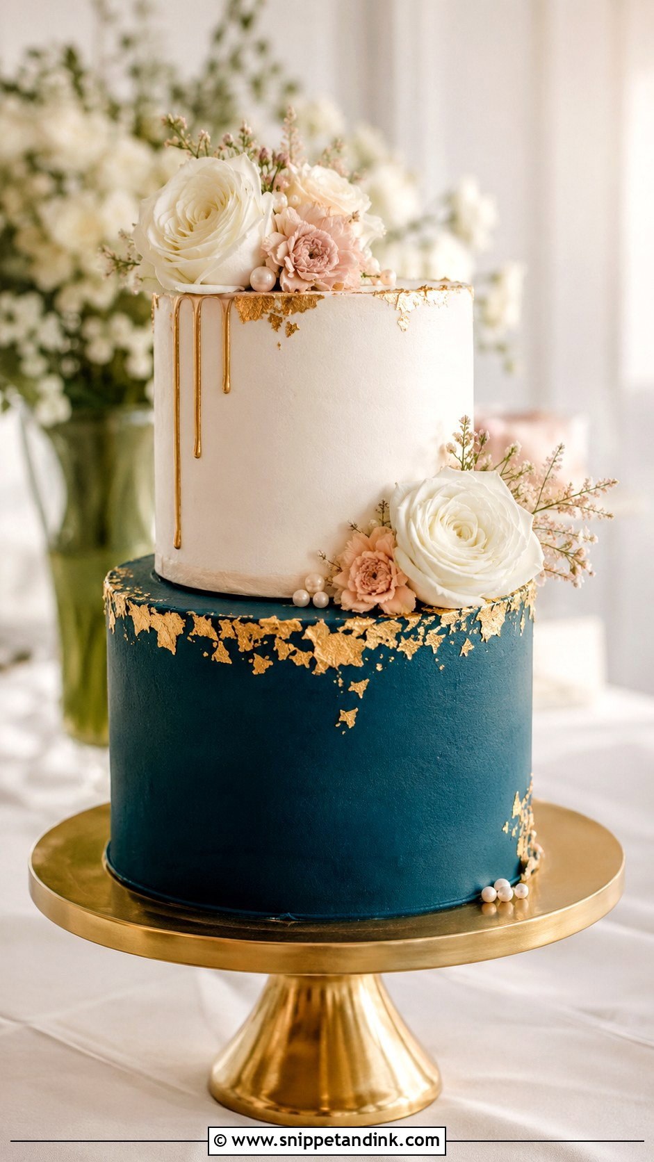 Teal And Gold Two Tier Wedding Cake - Snippet and Ink - 25 Teal and Gold Wedding Cake Ideas