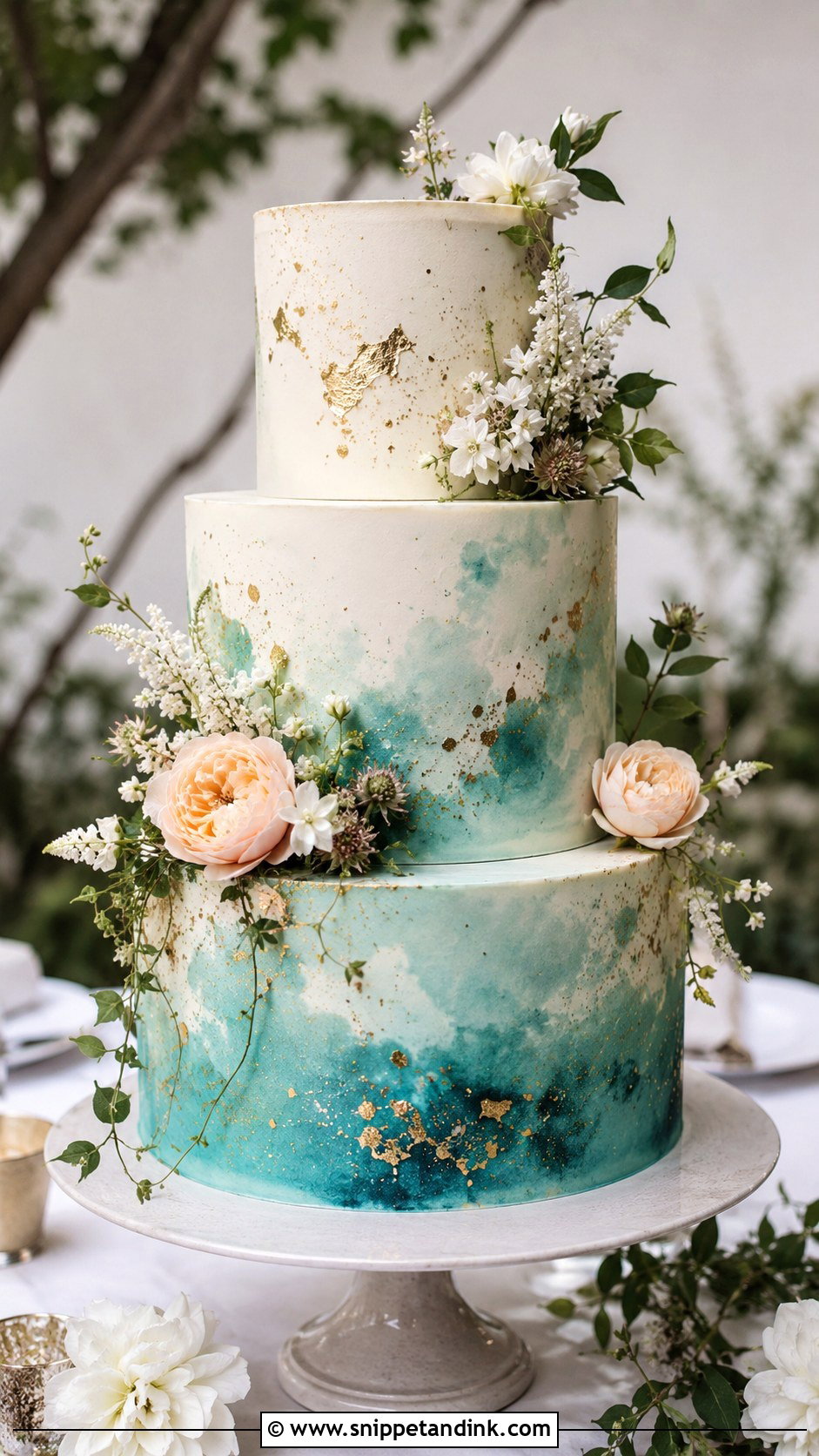 Teal And Gold Watercolor Wedding Cake - Snippet and Ink - 25 Teal and Gold Wedding Cake Ideas