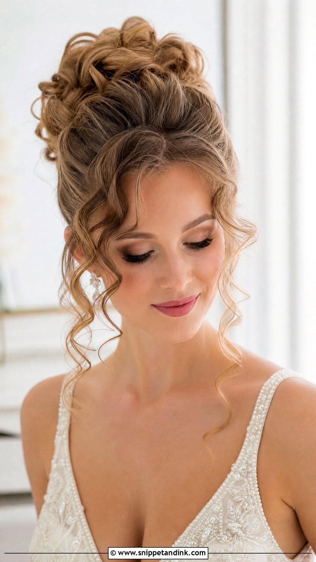 Teased High Updo With Curly Bangs - Snippet and Ink - 20 80s Wedding Hair Ideas