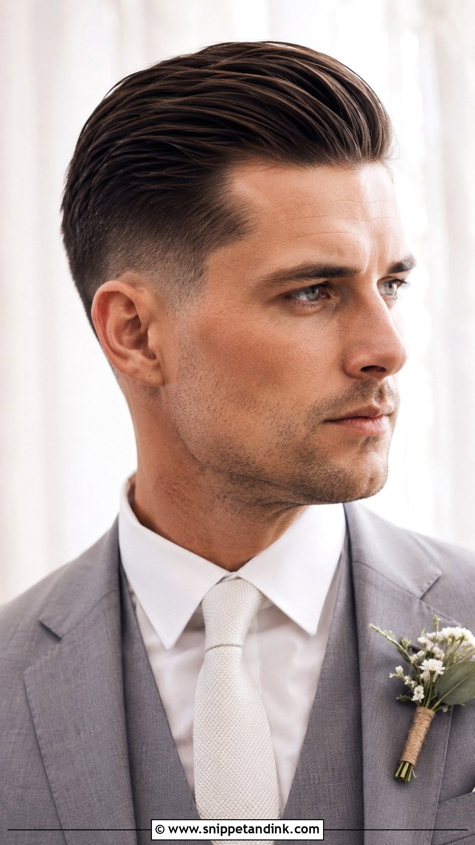 Temple Fade Slickback for Grooms - Snippet and Ink - 25 Groom Hairstyle Men Ideas