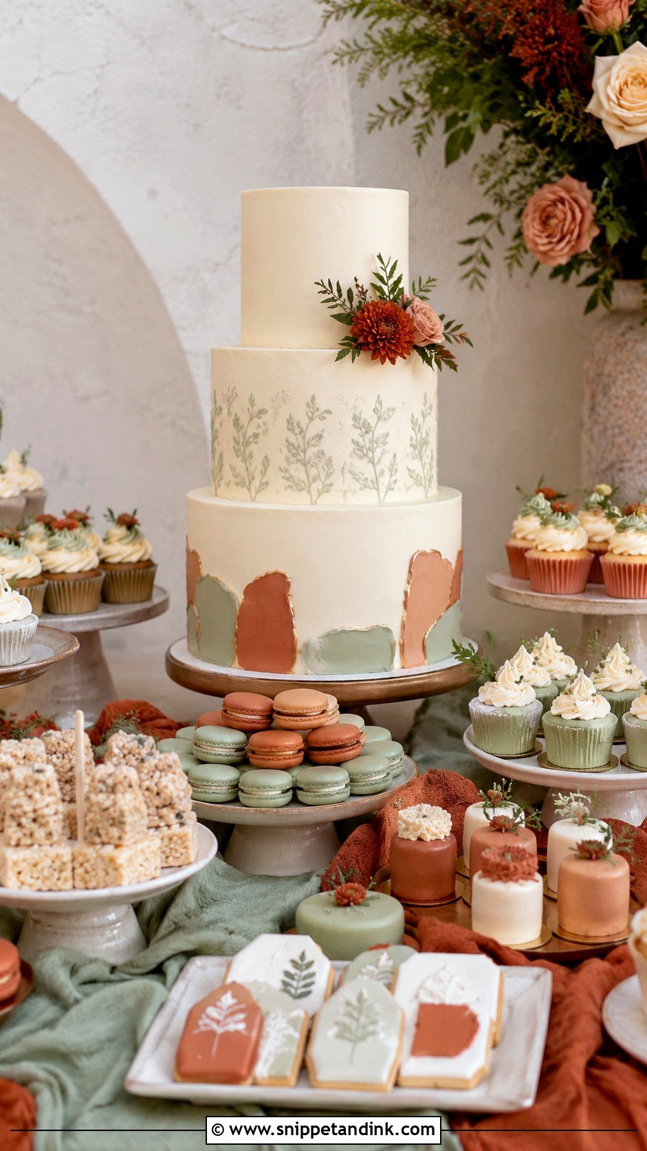 Terracotta And Sage Dessert Table Wedding Cake - Snippet and Ink - 20 Terracotta and Sage Wedding Cake Ideas