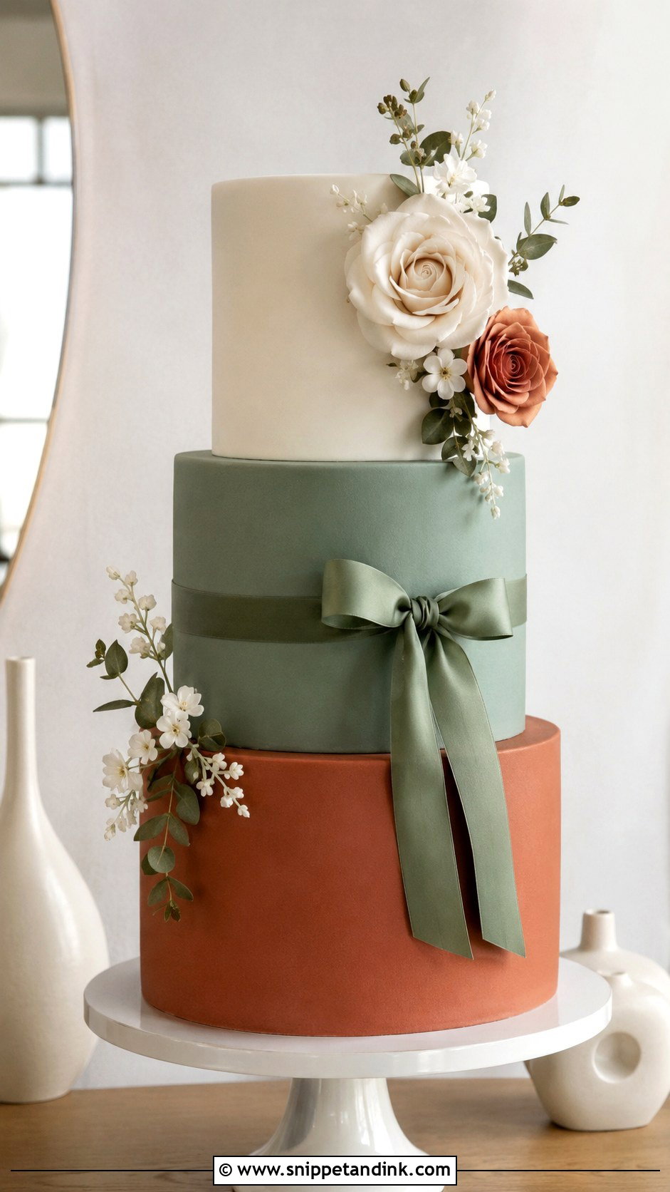 Terracotta And Sage Fondant Wedding Cake - Snippet and Ink - 20 Terracotta and Sage Wedding Cake Ideas