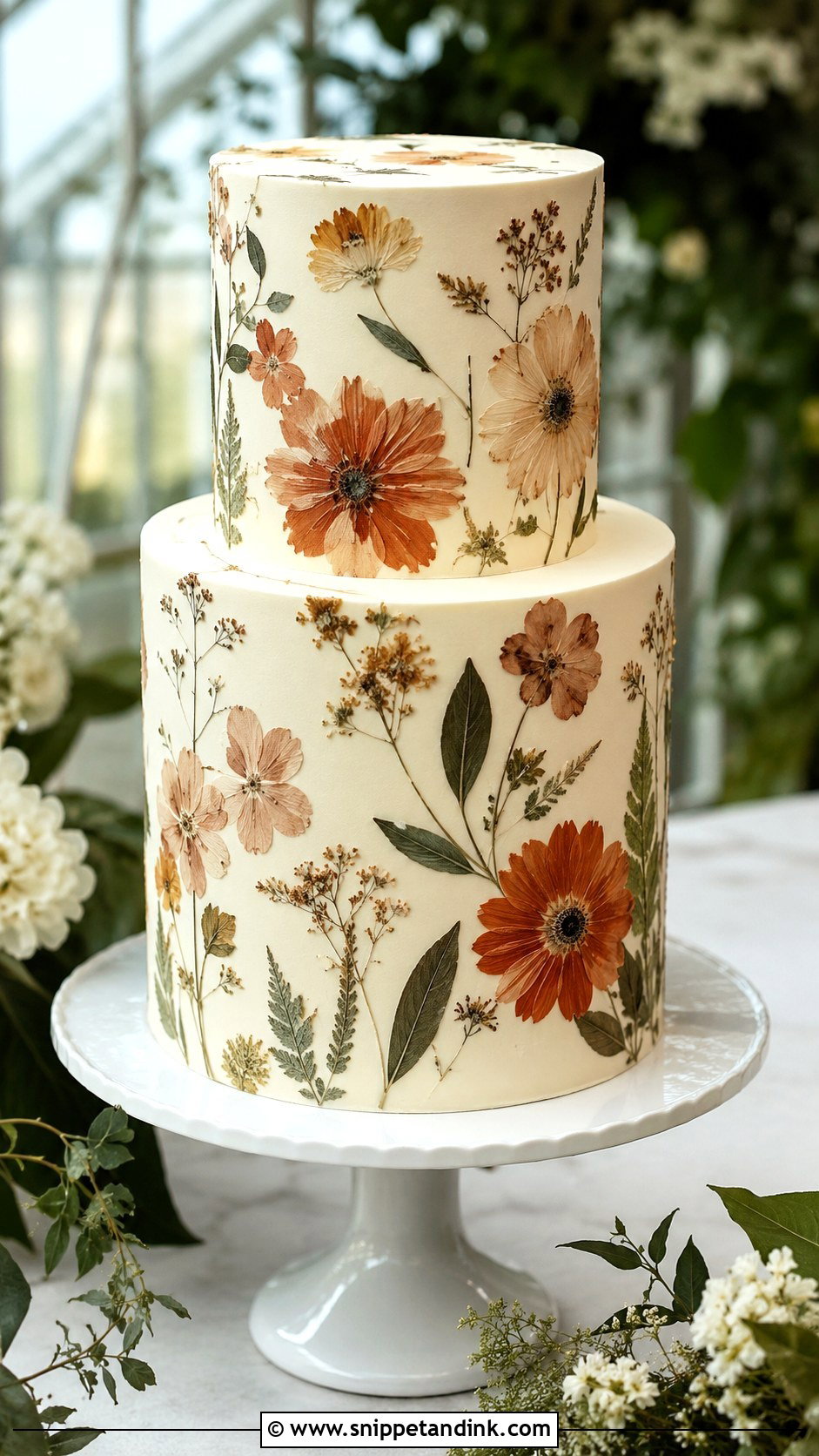 Terracotta And Sage Pressed Flower Wedding Cake - Snippet and Ink - 20 Terracotta and Sage Wedding Cake Ideas