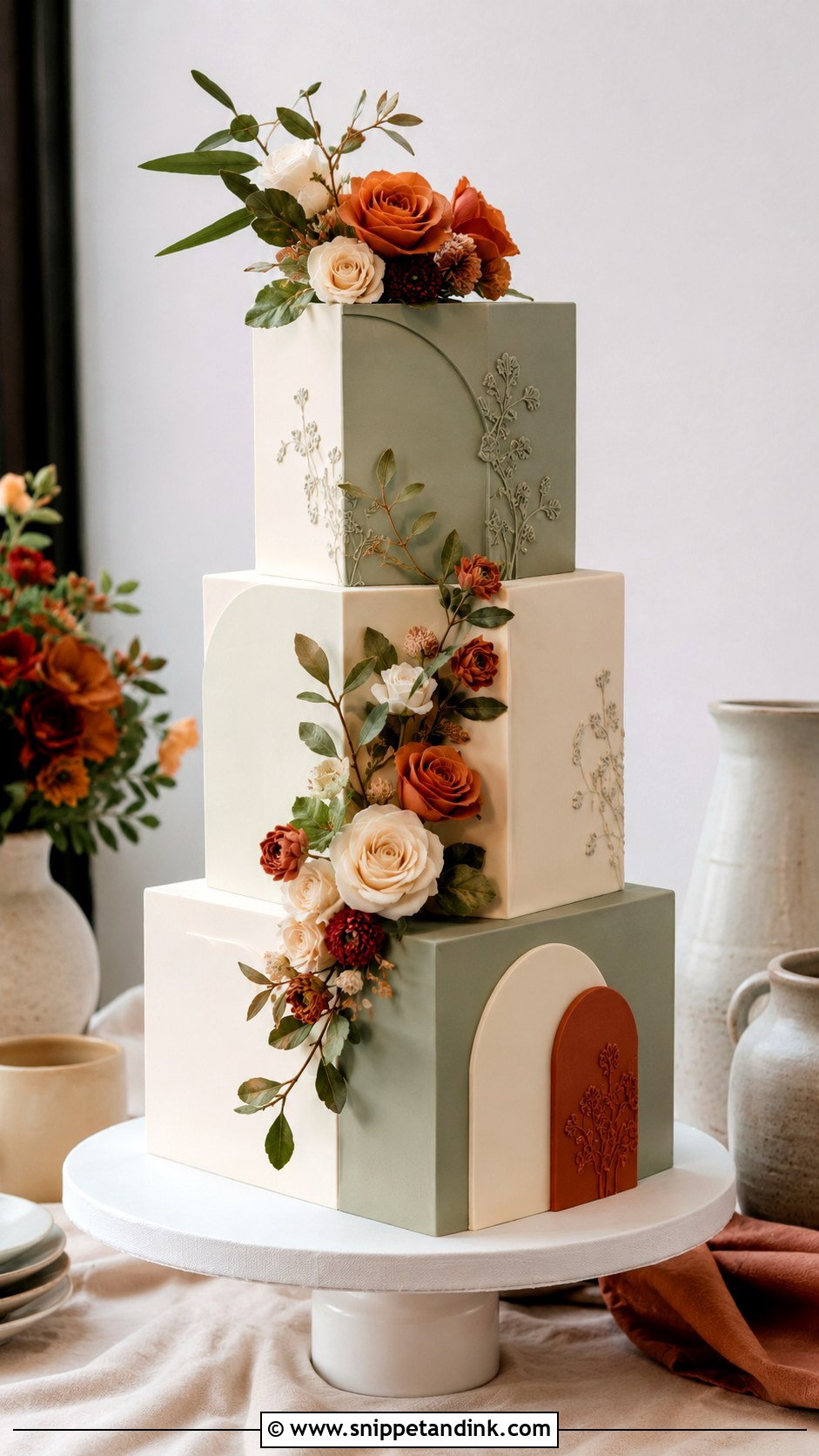 Terracotta And Sage Square Wedding Cake - Snippet and Ink - 20 Terracotta and Sage Wedding Cake Ideas