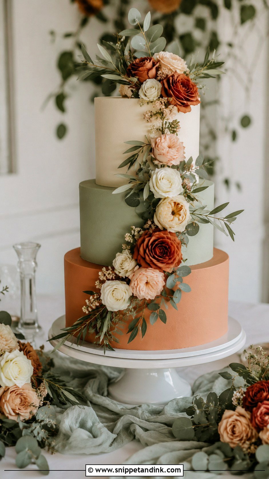 Terracotta And Sage Three Tier Wedding Cake - Snippet and Ink - 20 Terracotta and Sage Wedding Cake Ideas