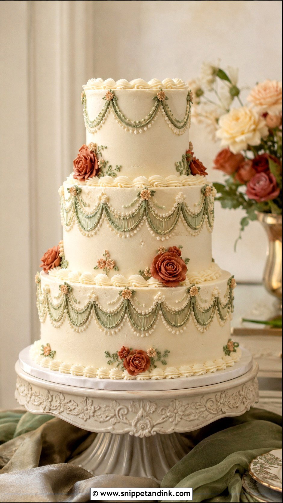 Terracotta And Sage Vintage Wedding Cake - Snippet and Ink - 20 Terracotta and Sage Wedding Cake Ideas