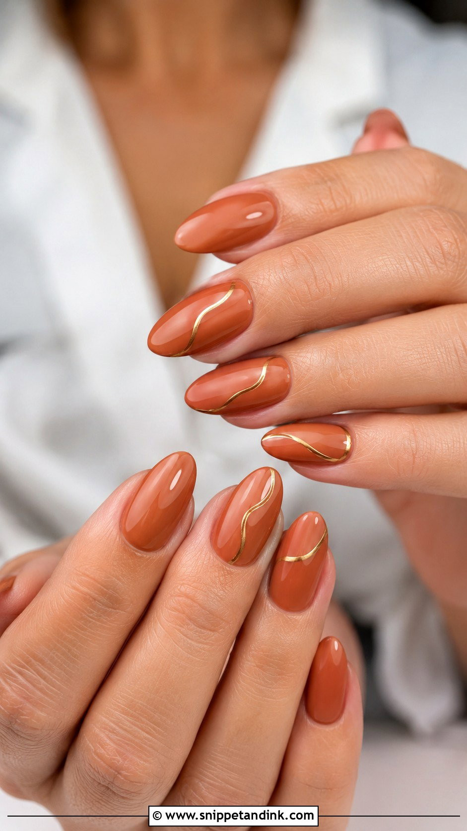 Terracotta Nails With Gold Detail - Snippet and Ink - 30 Wedding Guest Nails Ideas