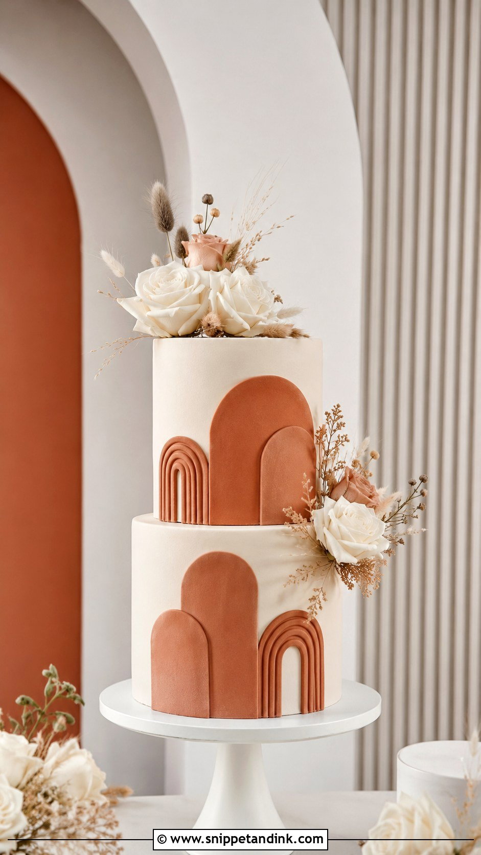 Terracotta Wedding Cake With Arch Details - Snippet and Ink - 35 Terracotta Wedding Cake Ideas
