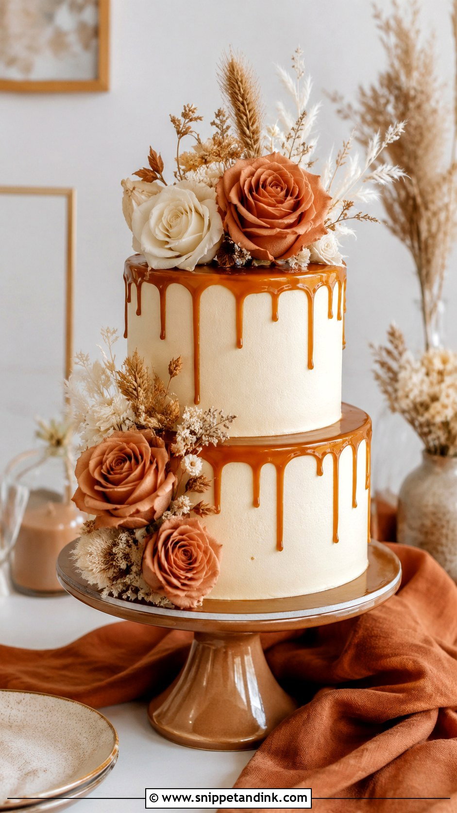 Terracotta Wedding Cake With Caramel Drip - Snippet and Ink - 35 Terracotta Wedding Cake Ideas