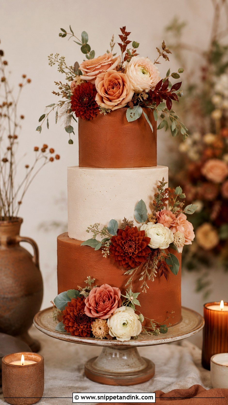 Terracotta Wedding Cake With Flowers - Snippet and Ink - 20 Rustic Orange Fall Wedding Cakes