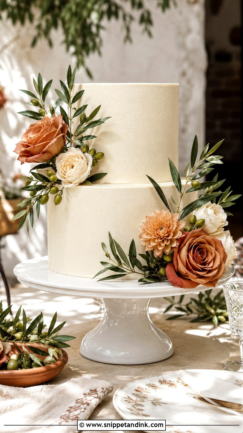 Terracotta Wedding Cake With Olive Leaves - Snippet and Ink - 35 Terracotta Wedding Cake Ideas