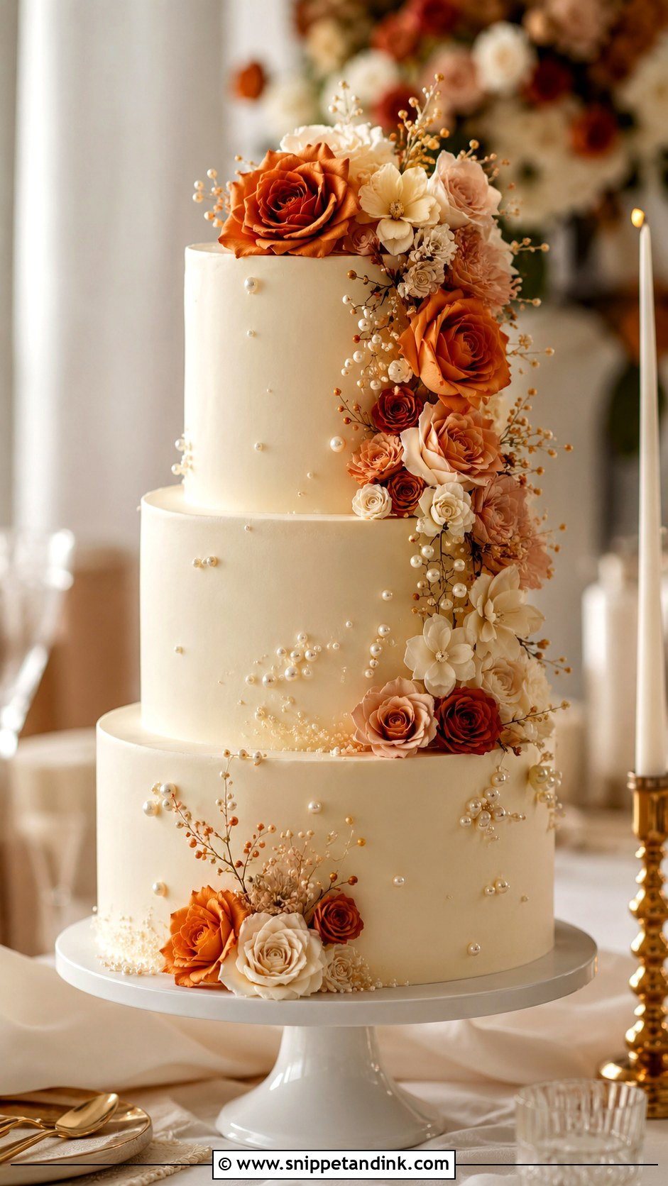 Terracotta Wedding Cake With Pearl Details - Snippet and Ink - 35 Terracotta Wedding Cake Ideas