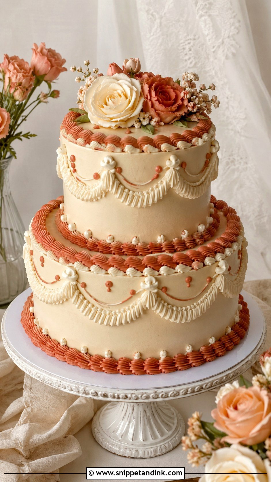 Terracotta Wedding Cake With Vintage Piping - Snippet and Ink - 35 Terracotta Wedding Cake Ideas