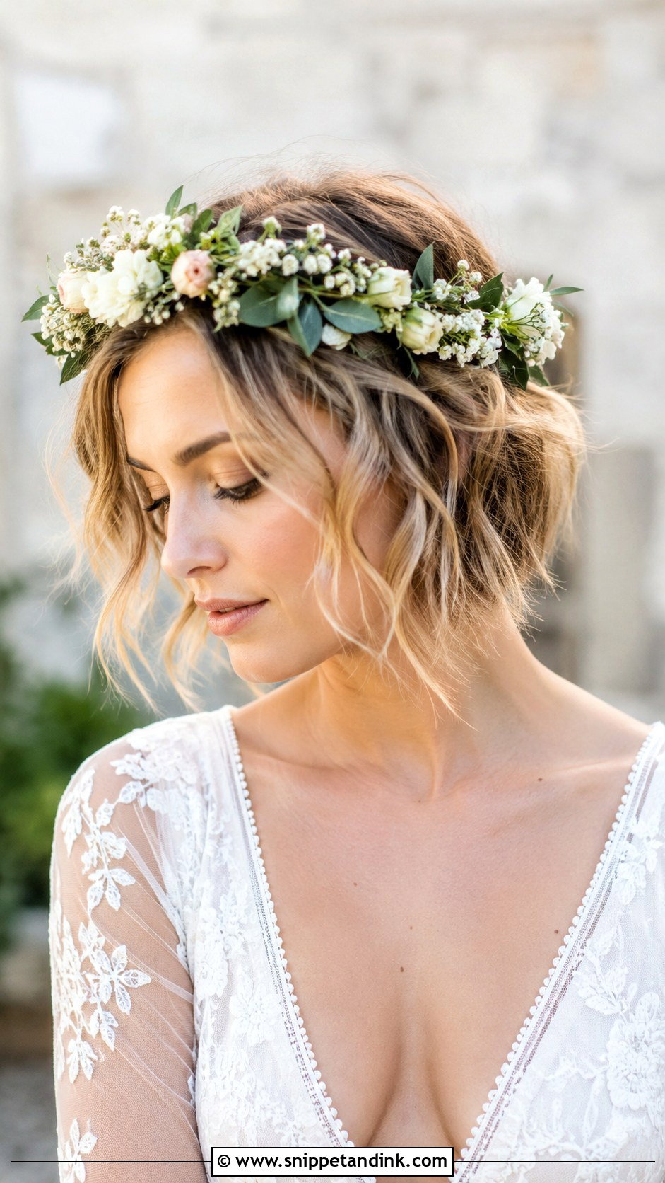 Textured Bob With Floral Crown - Snippet and Ink - 25 Bob Wedding Hair Ideas