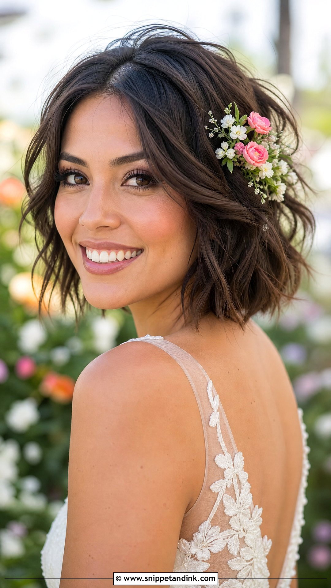 Textured Bob With Flowers - Snippet and Ink - 20 Bob Hairstyle Wedding Ideas